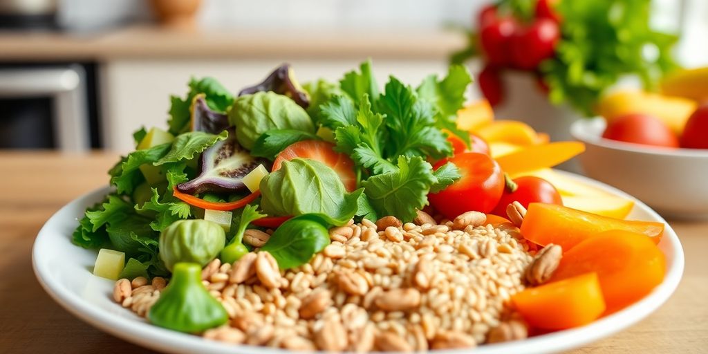 Colorful plate of balanced diabetic-friendly foods.