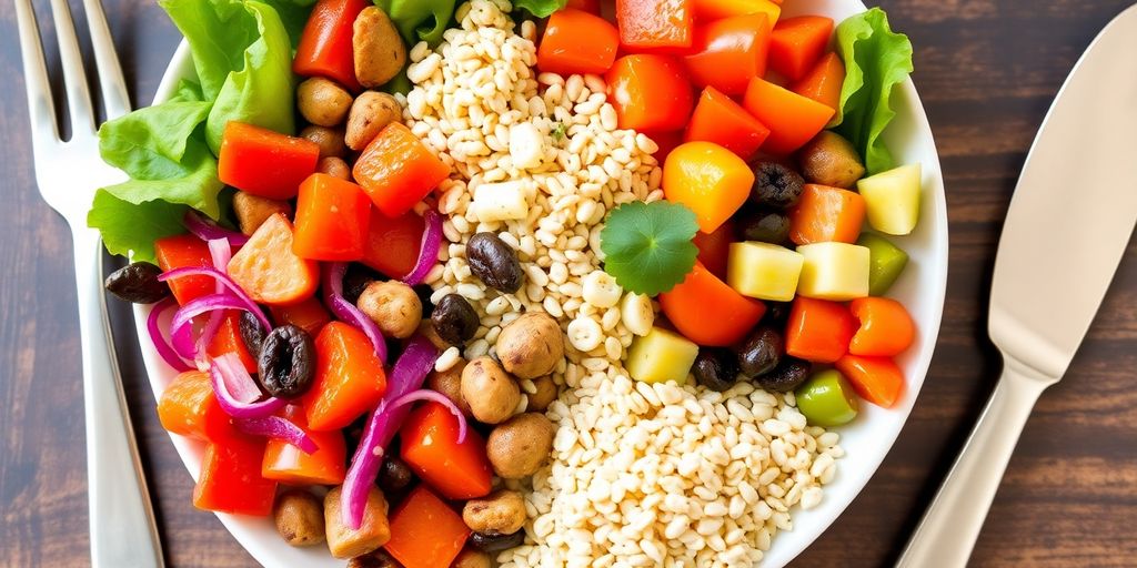 Colorful plate of healthy food for diabetes management.