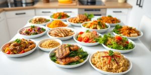 Ten diabetes-friendly meals displayed on a bright table.