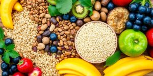 Colorful spread of healthy energy foods on a table.